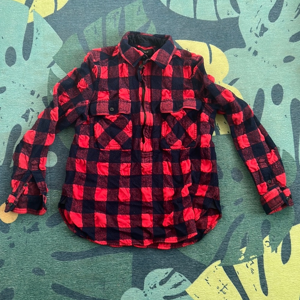 Women’s JCrew red plaid long sleeve shirt. Zipper. 50% cotton 42% wool